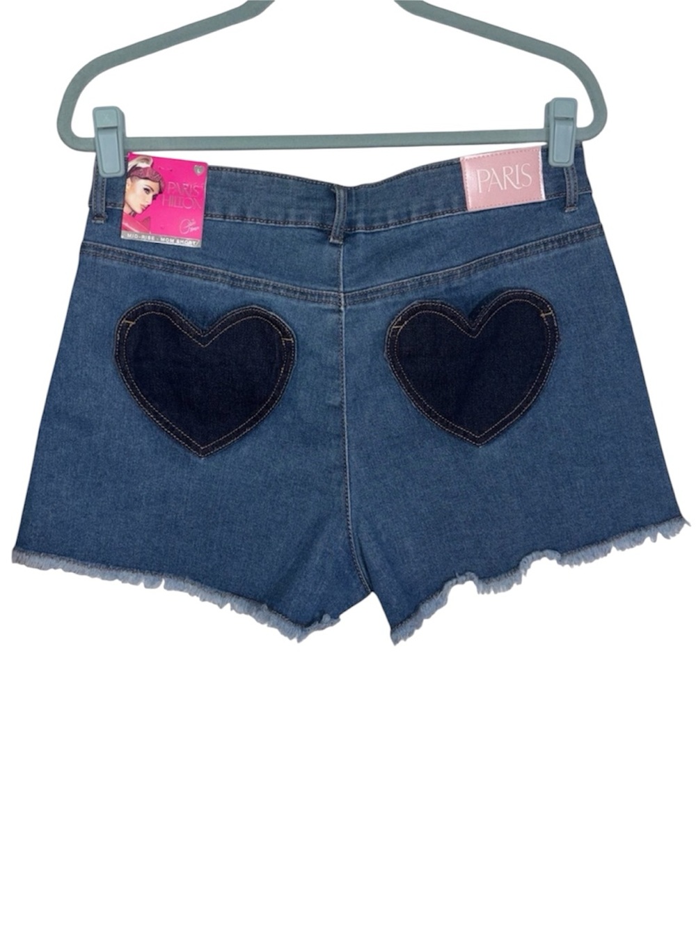 Paris Hilton Denim Shorts Mid Rise Frayed Hem Heart Back Pockets Mom Short Large